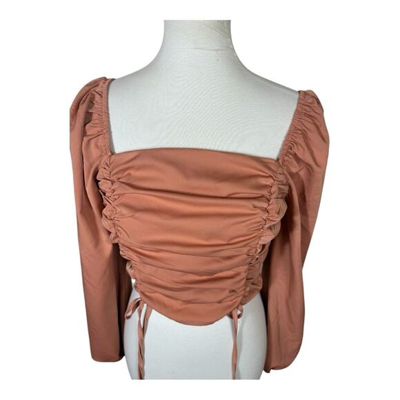 Peach Dusty Rose Ruched Gathered Front Long Sleeve Blouse Size L - Picture 2 of 9